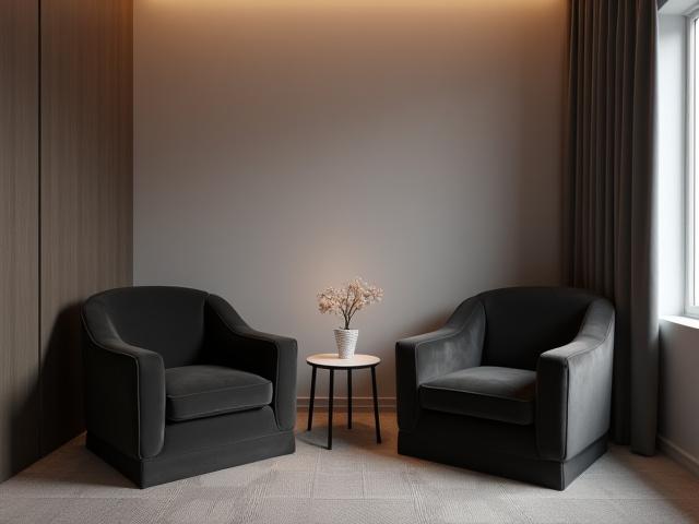 Ein heller und ruhiger Beratungsraum mit bequemen Sesseln und gedämpfter Beleuchtung